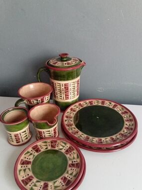 Handmade Studio Pottery Set Green Burgundy Geometric Pitcher‎ Plates Mugs 9pc
